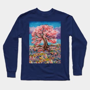 Painted Cherry Blossom Tree Flower Field Long Sleeve T-Shirt